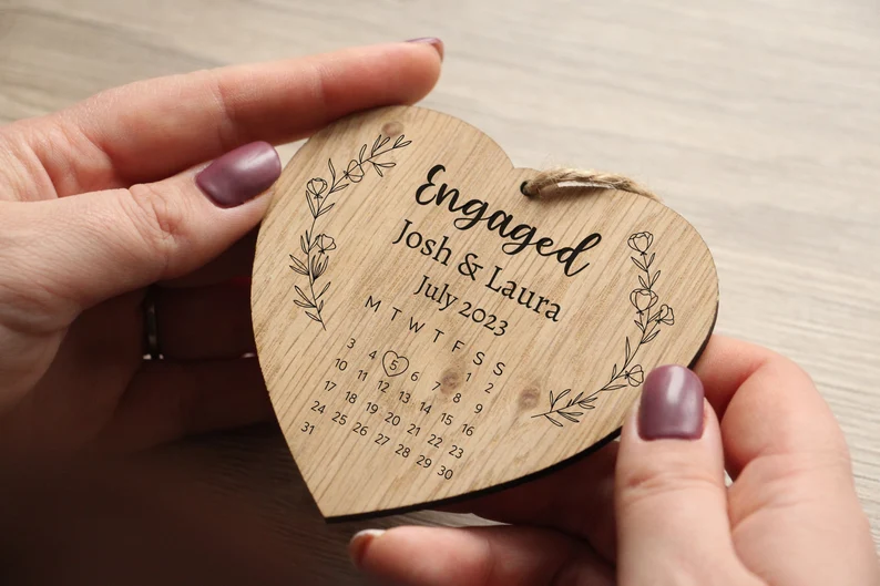 Personalised Engagement Gift For Couples - Wood Heart With Calendar With Names - Newly Engaged Hanging Ornament, Engagement Day Keepsake